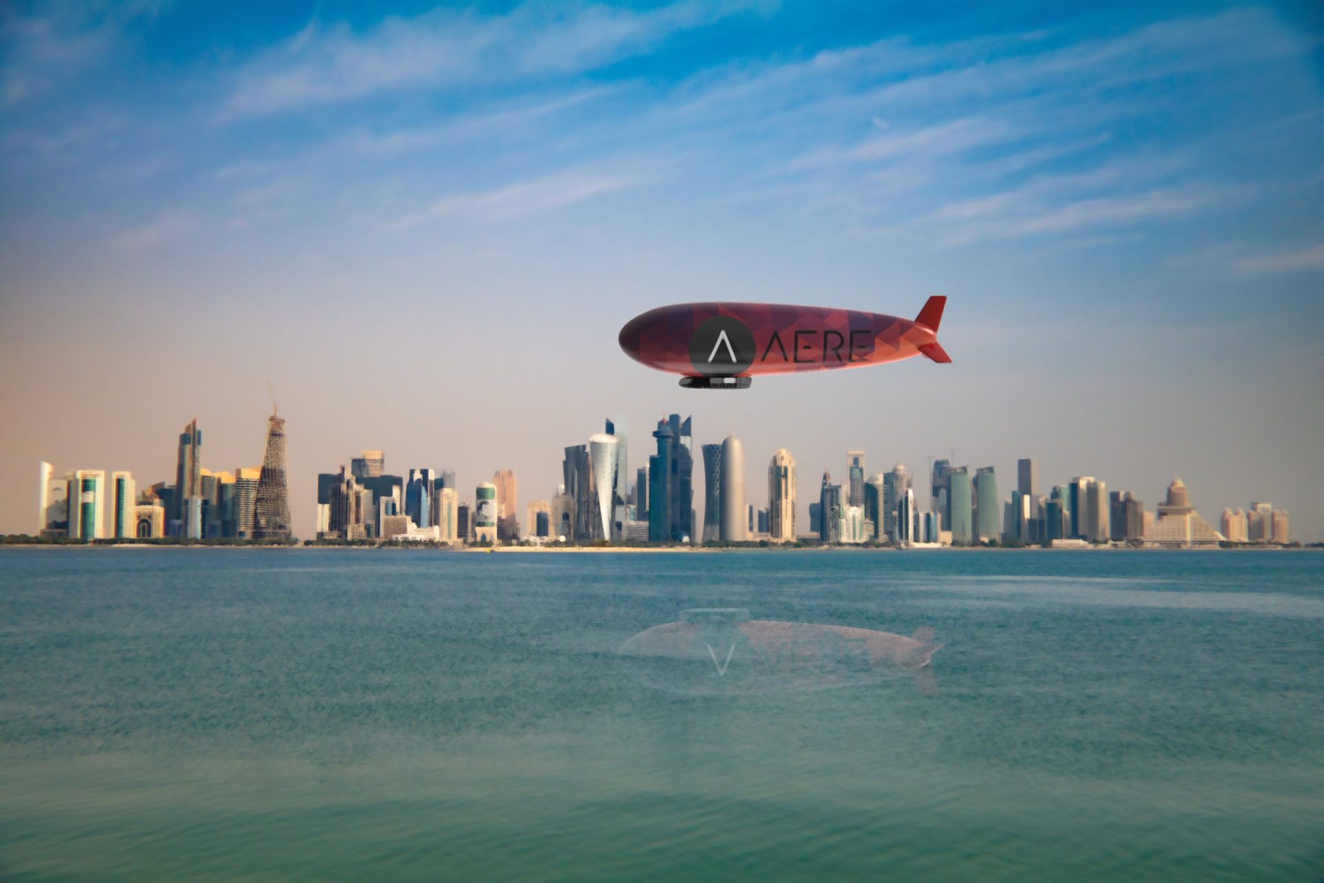 Wanderer airship render over a city waterfront at night