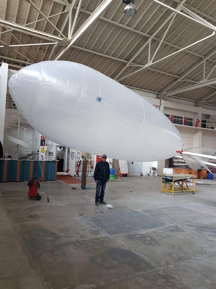 Full-size prototype airship envelope inflated inside a hangar