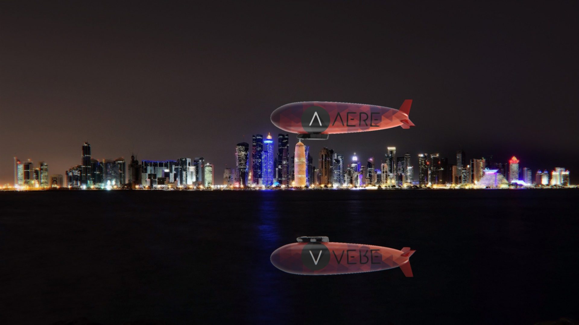 Wanderer airship render over a city skyline at night